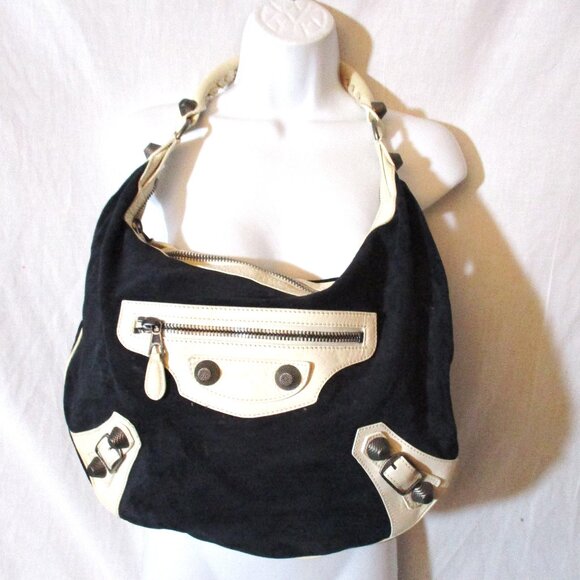 BALENCIAGA Agneau Giant Purse Whipstitch Black Suede White Bag Hobo - Picture 1 of 9